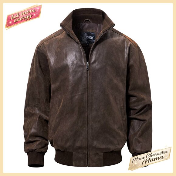 Men's Genuine Leather Bomber Jacket Wind Resistant Fitted Casual